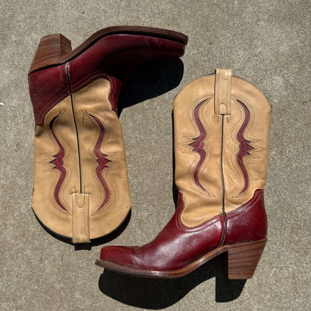 Frye Vintage Red Lizard Embossed Leather Western Cowboy Boots 9 B 1J01075 USA - Picture 11 of 11